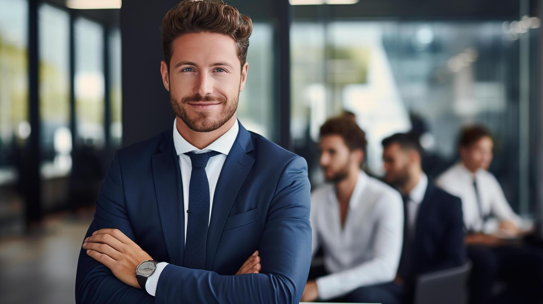 A man in a suit is standing in front of a group of people photo