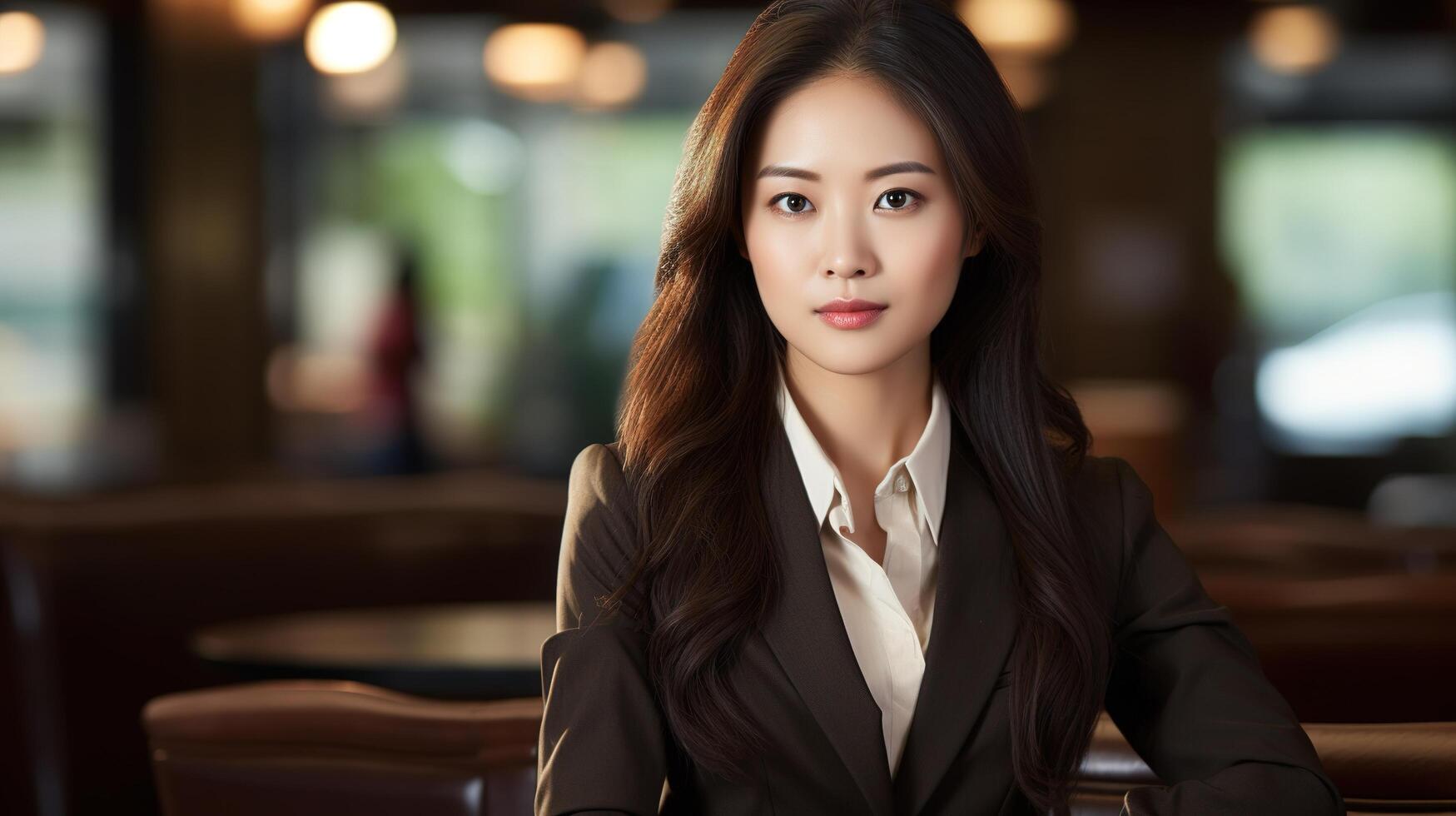 A beautiful young asian woman sitting at a table photo