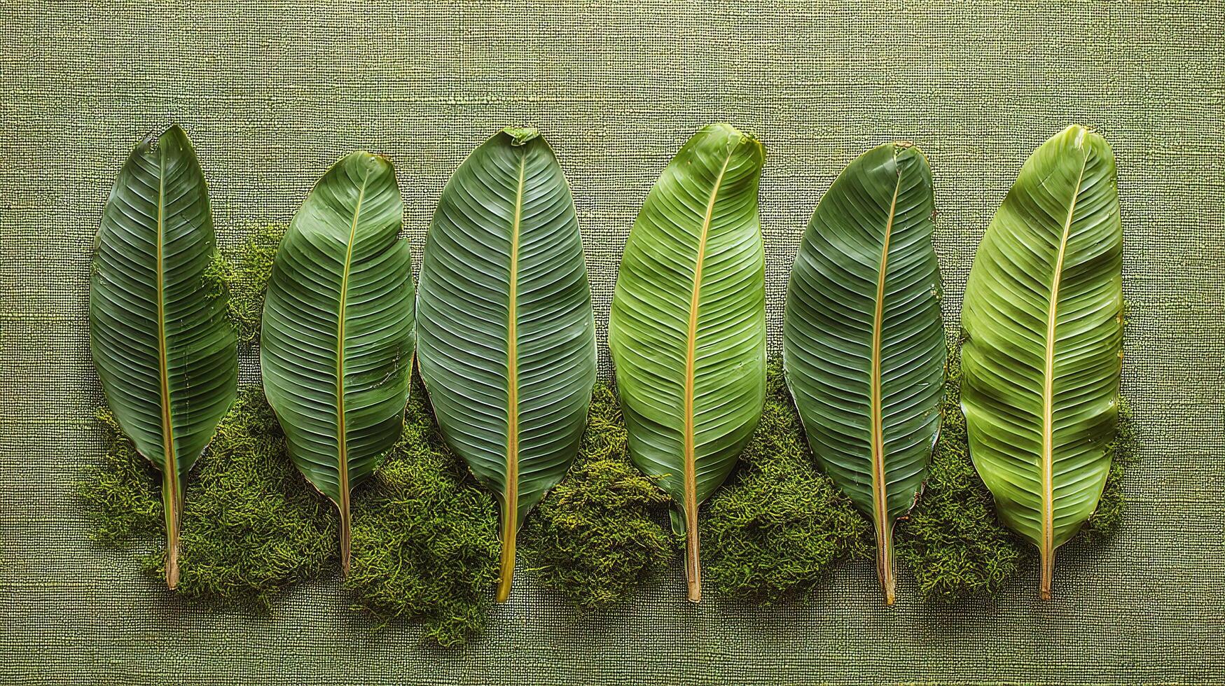 Five green leaves arranged in a row on a green cloth photo