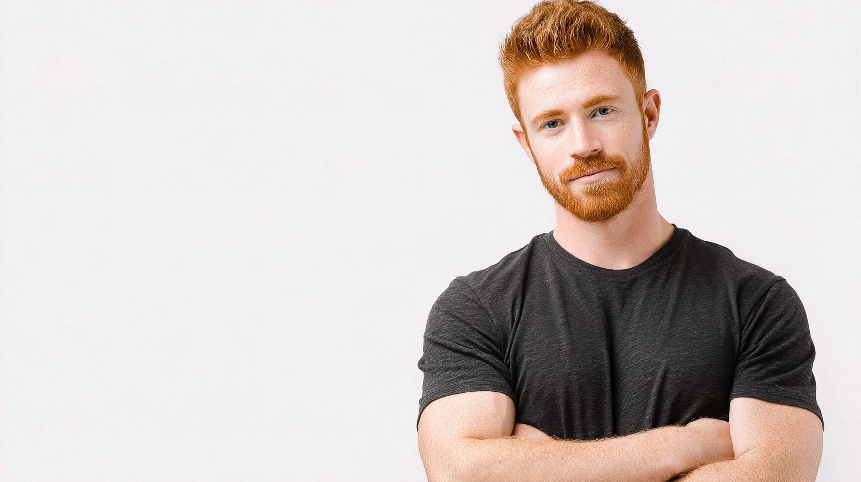 A man with red hair and a black shirt photo