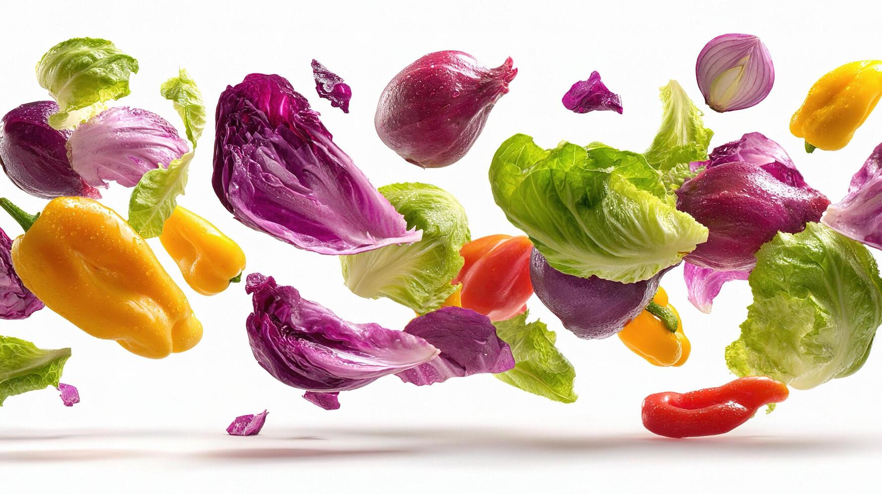 A bunch of colorful vegetables flying in the air photo