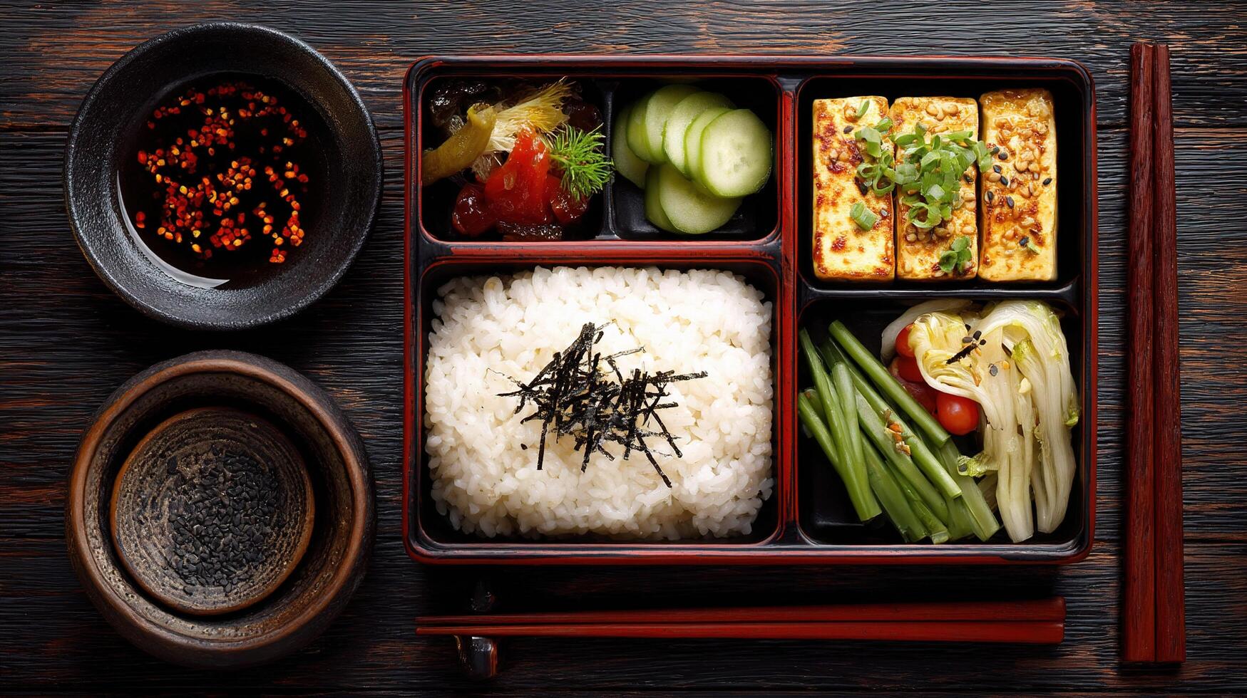 Japanese bento box with tofu, rice, vegetables and other ingredients photo
