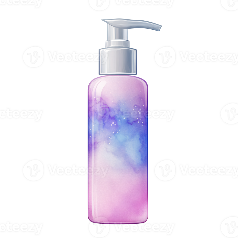 Cosmetic pump bottle with colorful galaxy design, suitable for skincare or beauty products, featuring silver pump and vibrant, dreamy appearance png