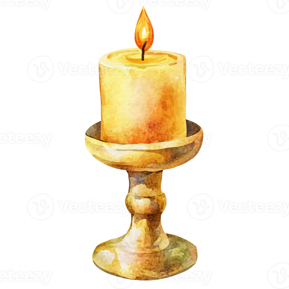 Lit candle on decorative holder, creating warm and cozy ambiance with soft glow and gentle flickering light, perfect for relaxation or romantic setting png