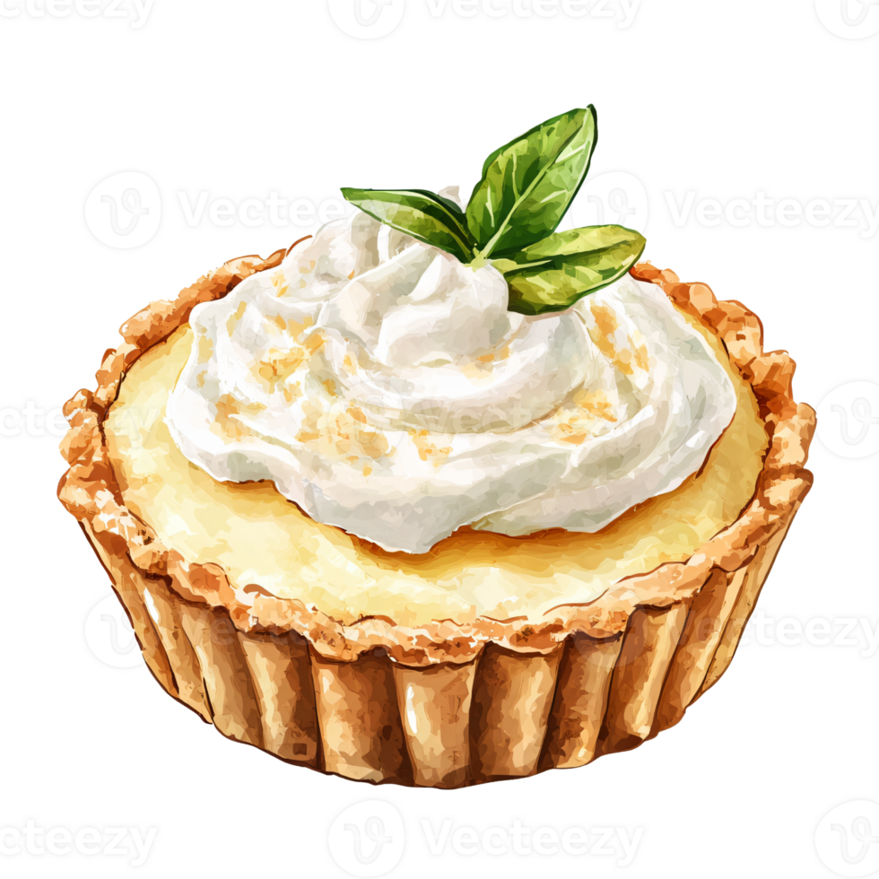 Delicious tart with golden crust, topped with creamy whipped cream and fresh green basil leaves, creating appealing and flavorful dessert presentation png