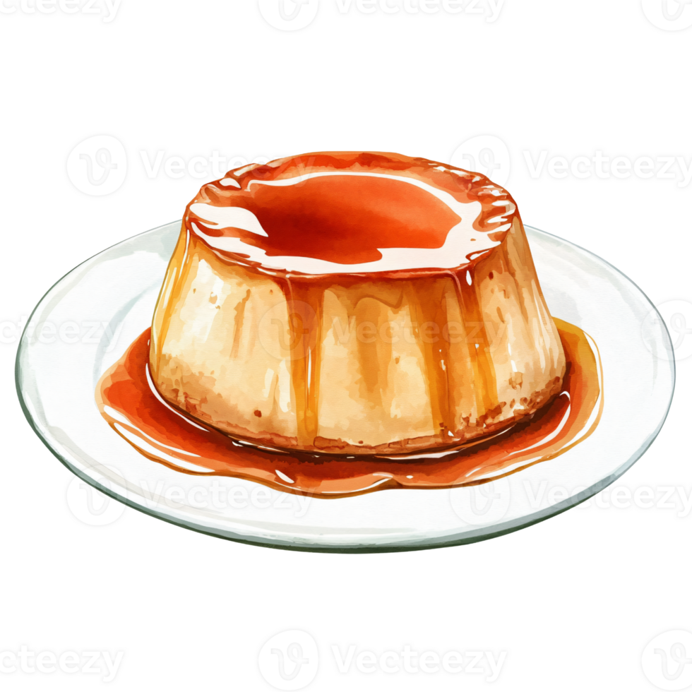 Classic caramel flan dessert with smooth, creamy texture and rich caramel sauce on top, served on white plate, evoking sweet and indulgent treat png