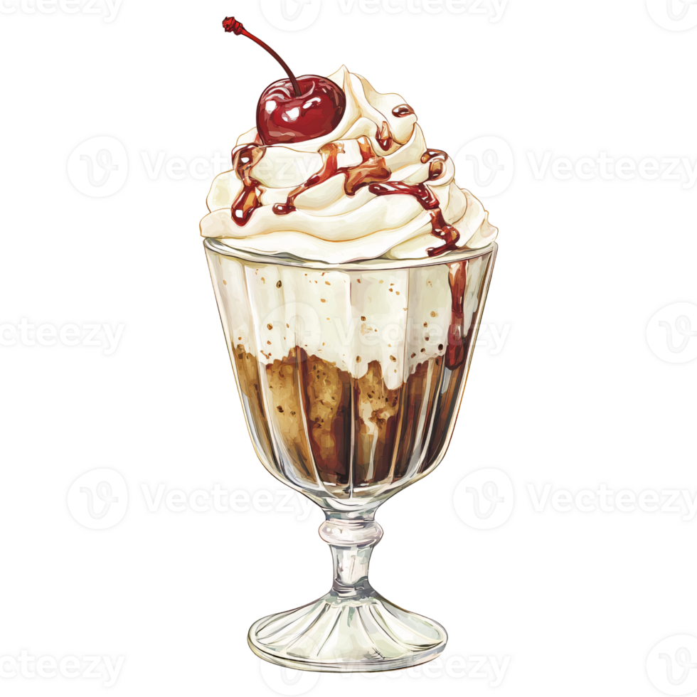 Delicious ice cream sundae topped with whipped cream, chocolate syrup, and cherry in clear glass dessert dish, creating appealing and indulgent treat png