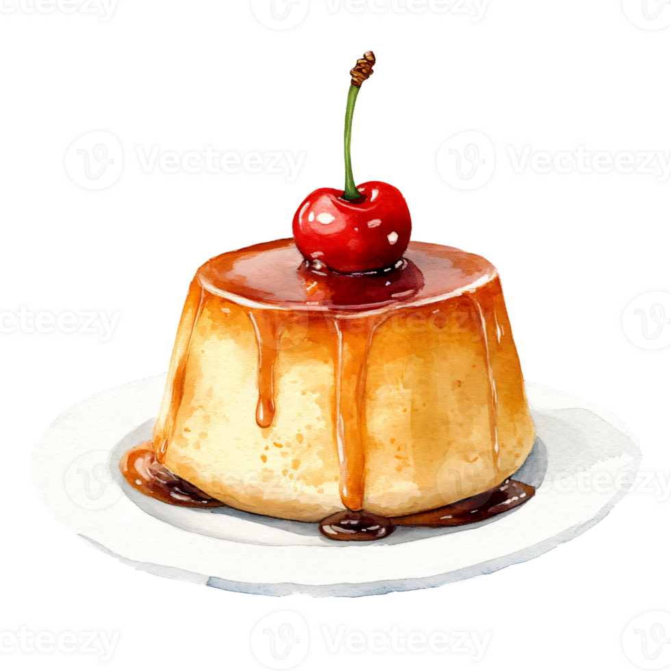 Delicious caramel flan dessert topped with bright red cherry, drizzled with rich caramel sauce, served on white plate, evoking sweet indulgence and dessert craving png
