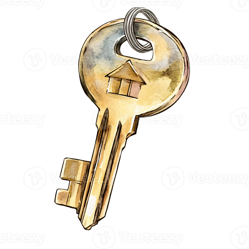 Close up of metallic key with house symbol engraved on head, symbolizing home ownership or real estate, with keyring attached. key has shiny, reflective surface and classic design png