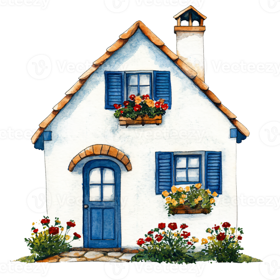 Charming watercolor illustration of cozy house with blue shutters, flower boxes filled with colorful blooms, stone pathway, and chimney, evoking warm, inviting atmosphere png