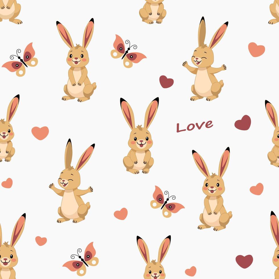 funny bunnies on the background of butterflies and hearts vector