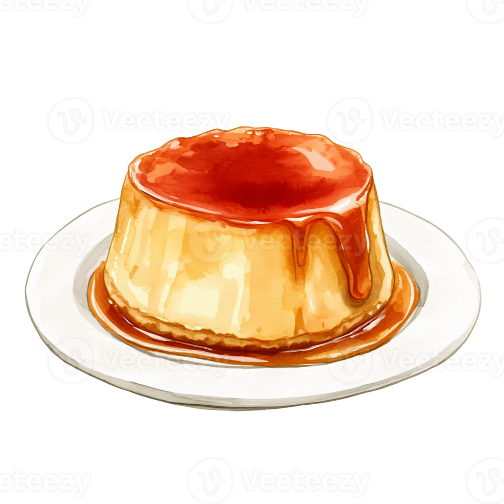 Delicious caramel flan dessert with smooth custard and rich caramel sauce on top, served on white plate, evoking sweet and indulgent feeling png