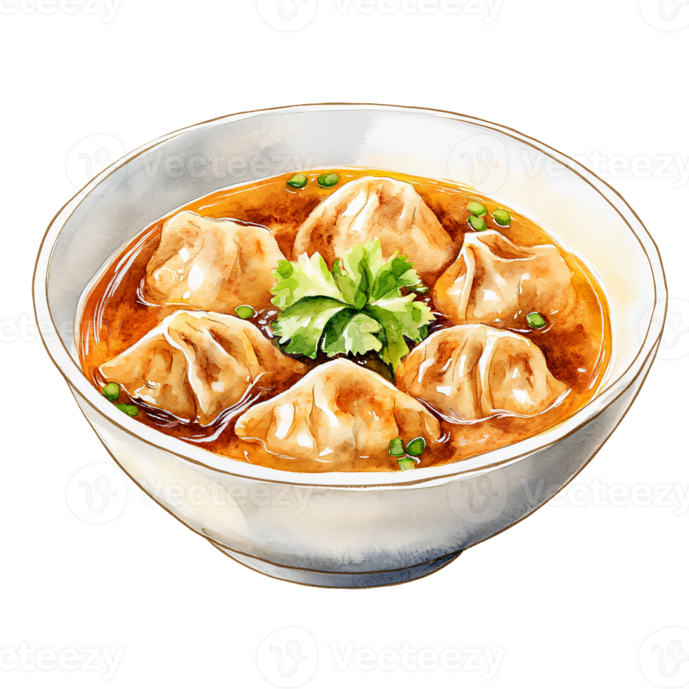 Steamed dumplings served in bowl with savory broth, garnished with fresh cilantro and chopped green onions, creating appetizing and flavorful Asian dish png