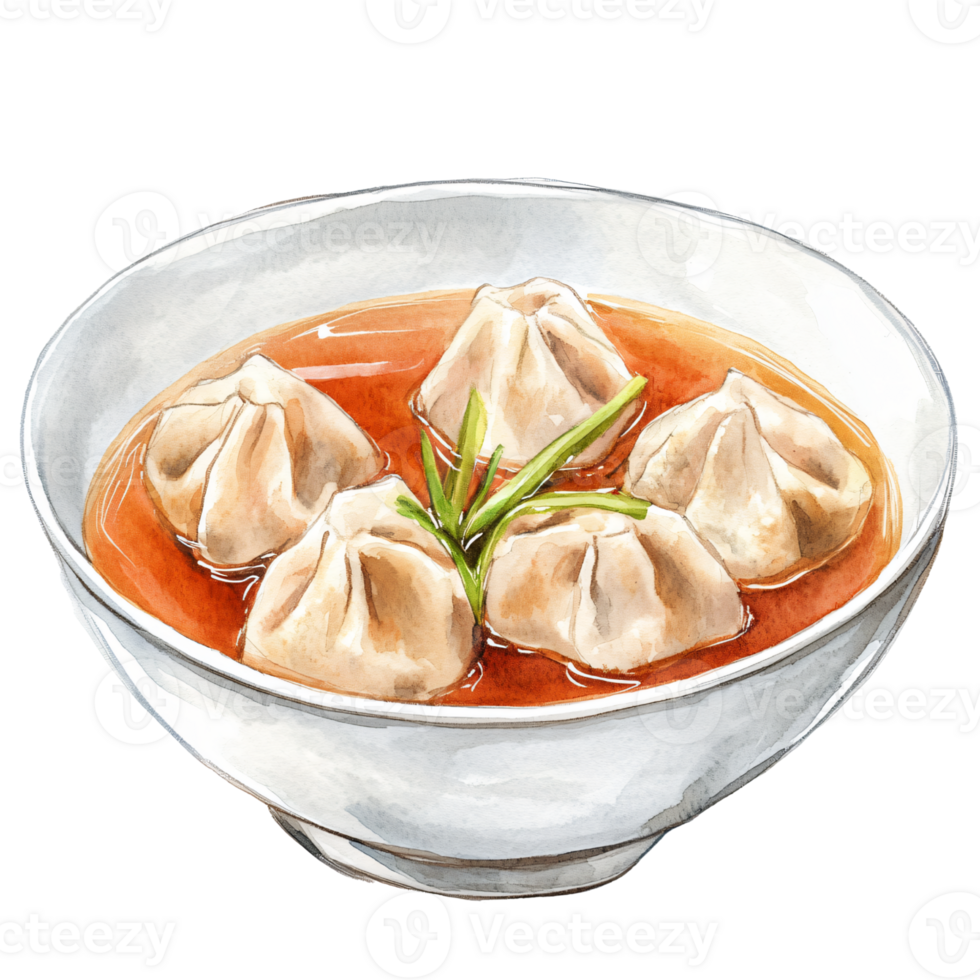 Steamed dumplings served in bowl with spicy red sauce, garnished with fresh green herbs, showcasing traditional Asian cuisine, appetizing and flavorful png