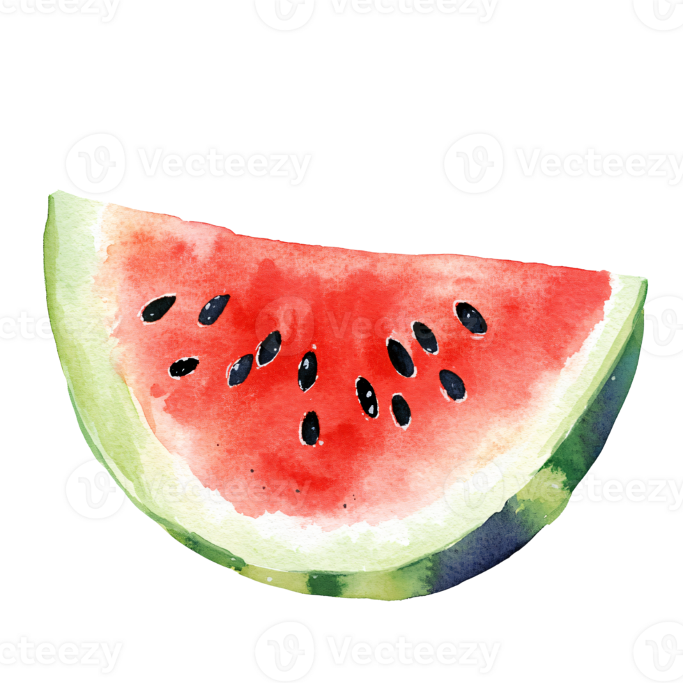 Watercolor illustration of fresh watermelon slice with vibrant red flesh, black seeds, and green rind, evoking sense of summer refreshment and juicy sweetness png