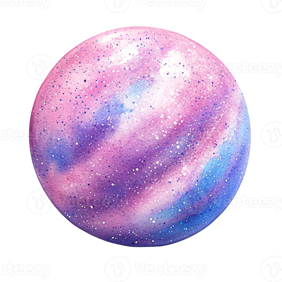 Watercolor painting of planet with galaxy inspired design featuring pink, purple, and blue hues with white speckles resembling stars, creating dreamy cosmic effect png