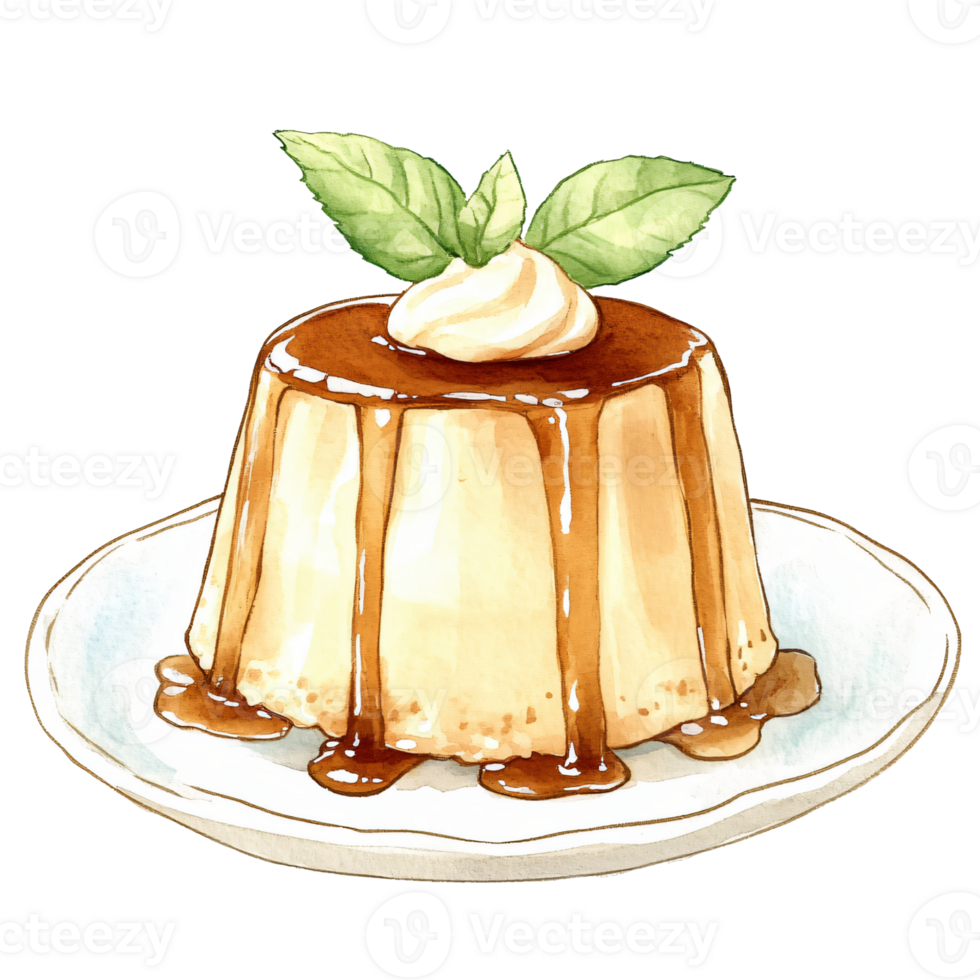 Watercolor illustration of caramel flan dessert topped with whipped cream and fresh mint leaves, served on white plate, evoking sweet and creamy treat with fresh garnish png