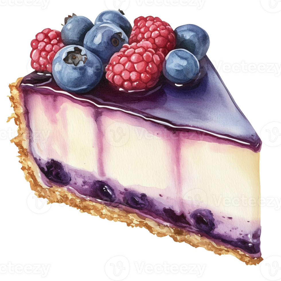 Slice of blueberry and raspberry cheesecake with fresh berries on top, showcasing creamy filling and graham cracker crust, vibrant and appetizing, perfect for dessert or special occasions png