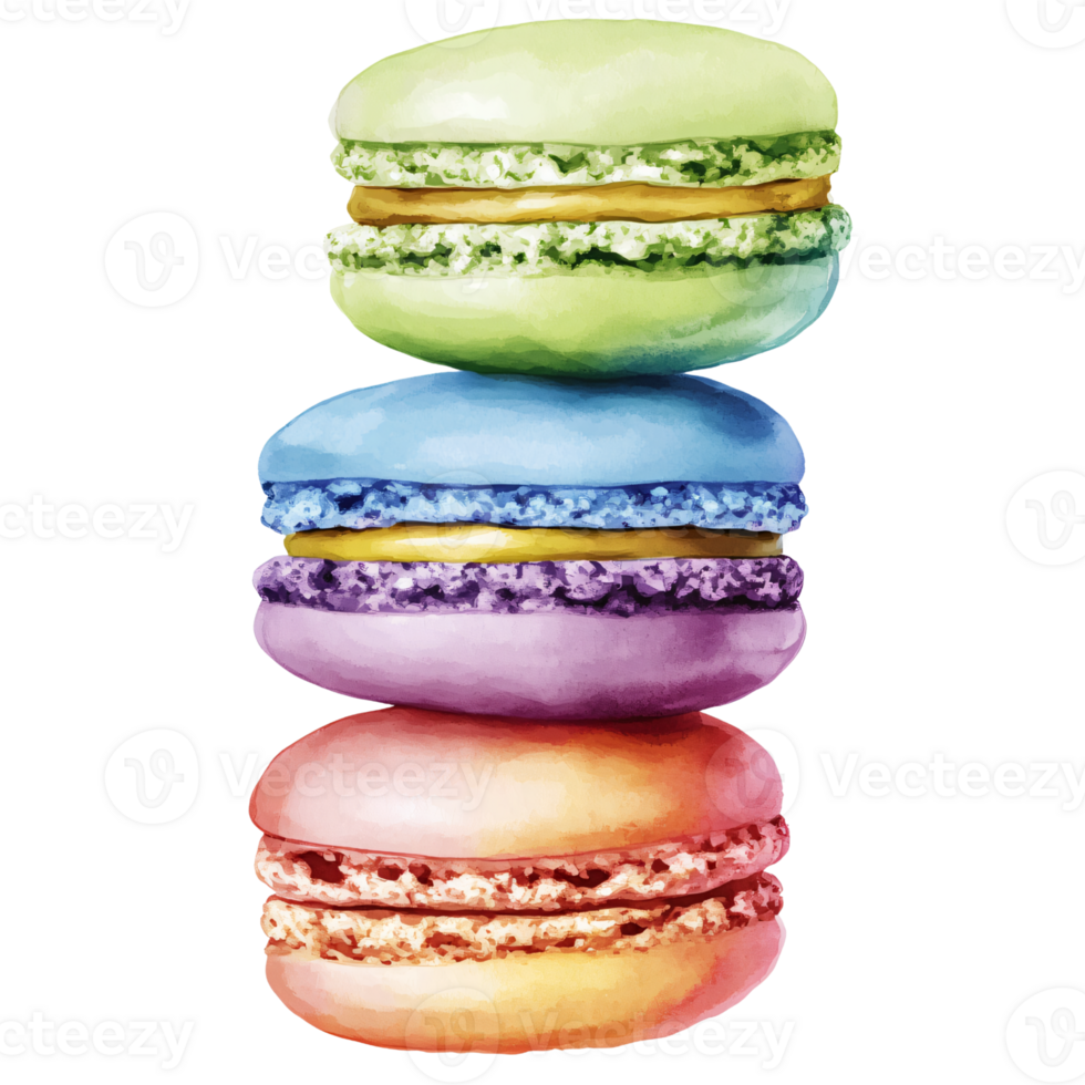 Colorful macarons stacked in tower with vibrant pastel shades, showcasing variety of flavors and textures, creating appealing and cheerful dessert display png