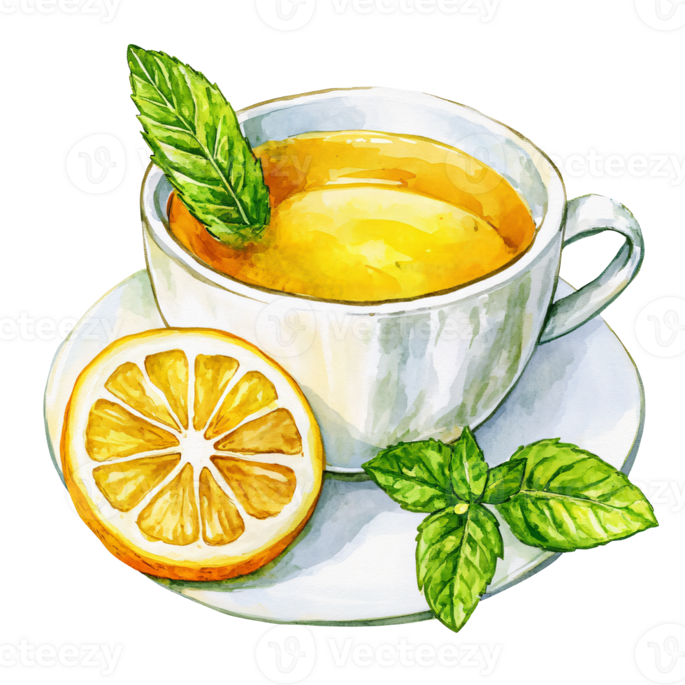 Watercolor illustration of cup of lemon tea garnished with fresh mint leaves, accompanied by lemon half on white saucer, evoking refreshing and soothing beverage experience png