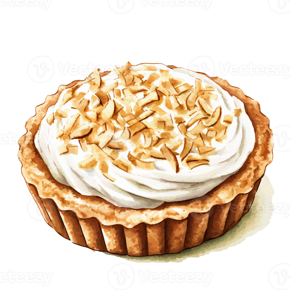 Delicious tart with crispy crust, topped with smooth whipped cream and sprinkled with toasted coconut flakes, looks inviting and perfect for dessert or special treat png