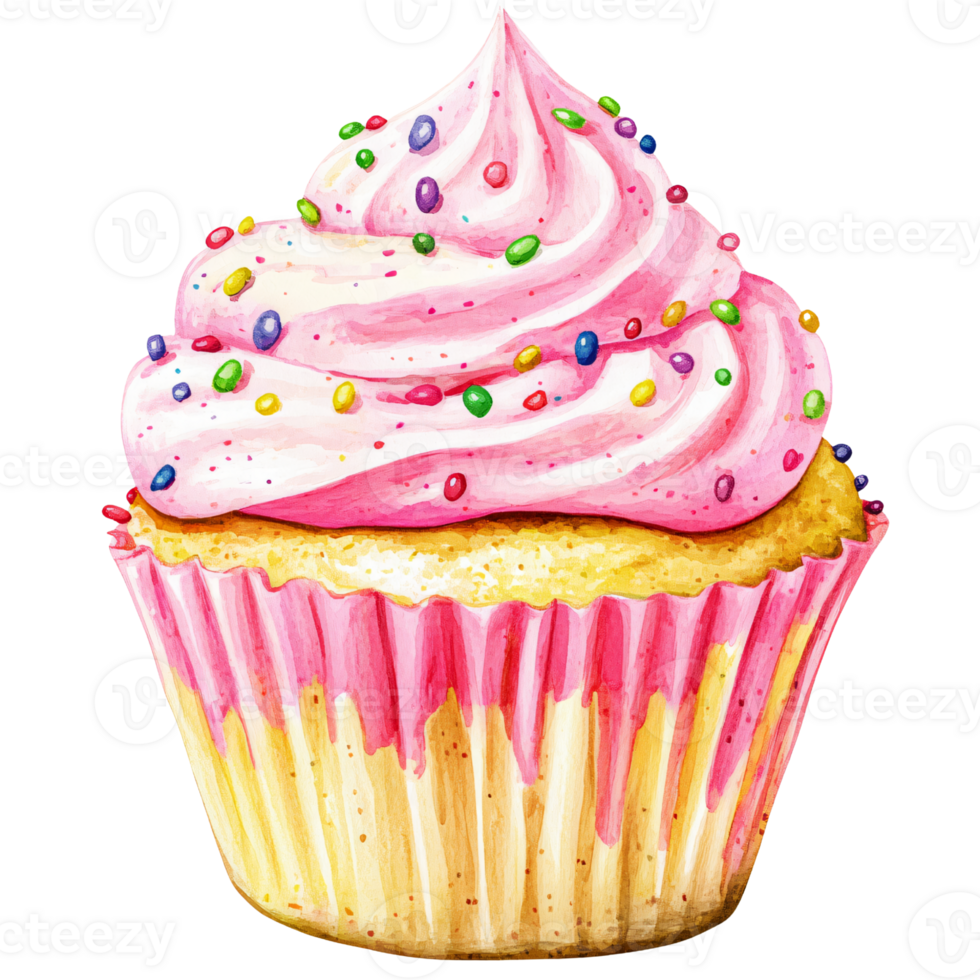 Colorful cupcake with pink and white frosting topped with rainbow sprinkles, in pink striped paper liner, evoking cheerful and sweet dessert mood png