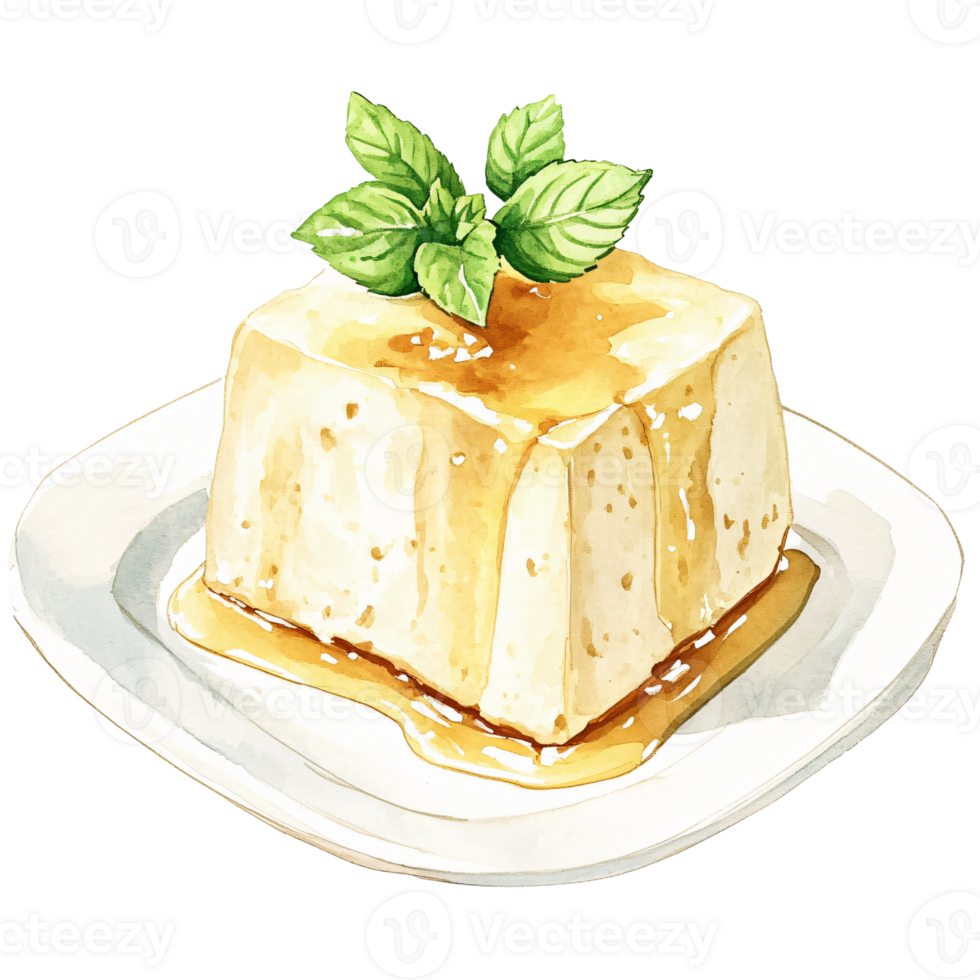 Watercolor illustration of creamy dessert topped with fresh mint leaves, drizzled with caramel sauce, served on white plate, evoking sweet and indulgent treat with fresh garnish png