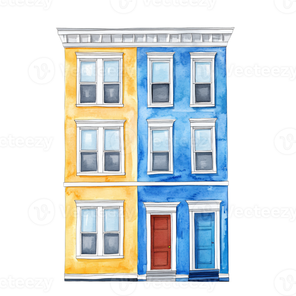 Colorful three story building with vibrant yellow and blue facade, featuring multiple white framed windows and red front door, painted watercolor style that evokes cheerful and artistic atmosphere png