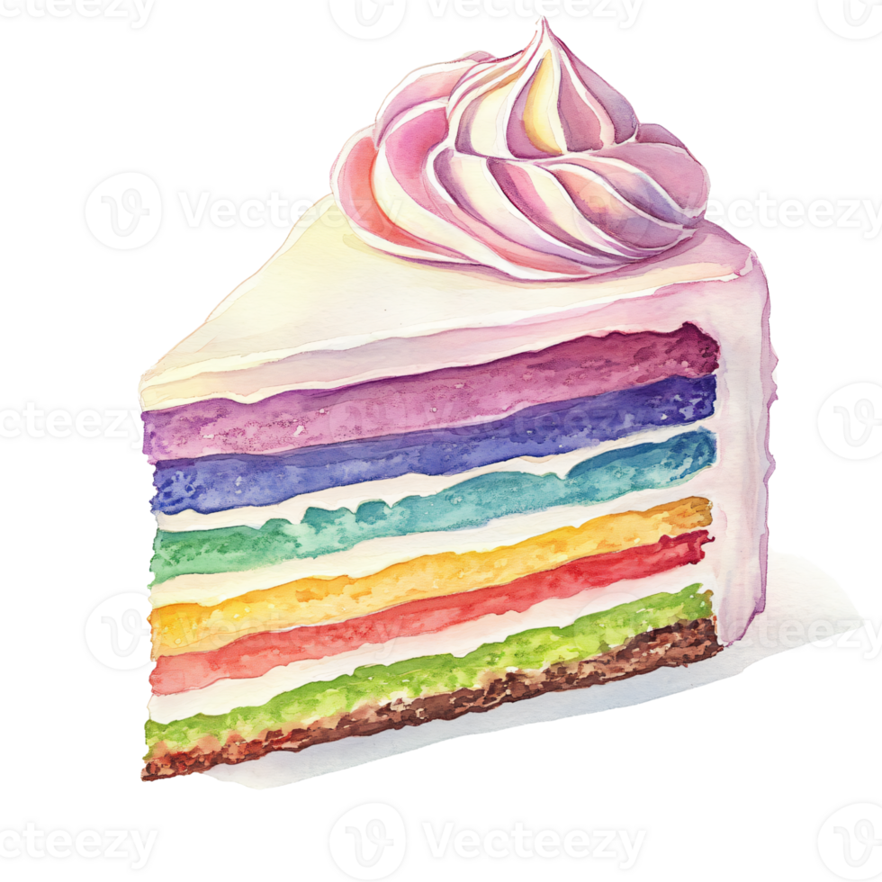 Colorful slice of rainbow cake with multiple vibrant layers topped with swirled pink and purple frosting, showcasing cheerful and festive dessert png