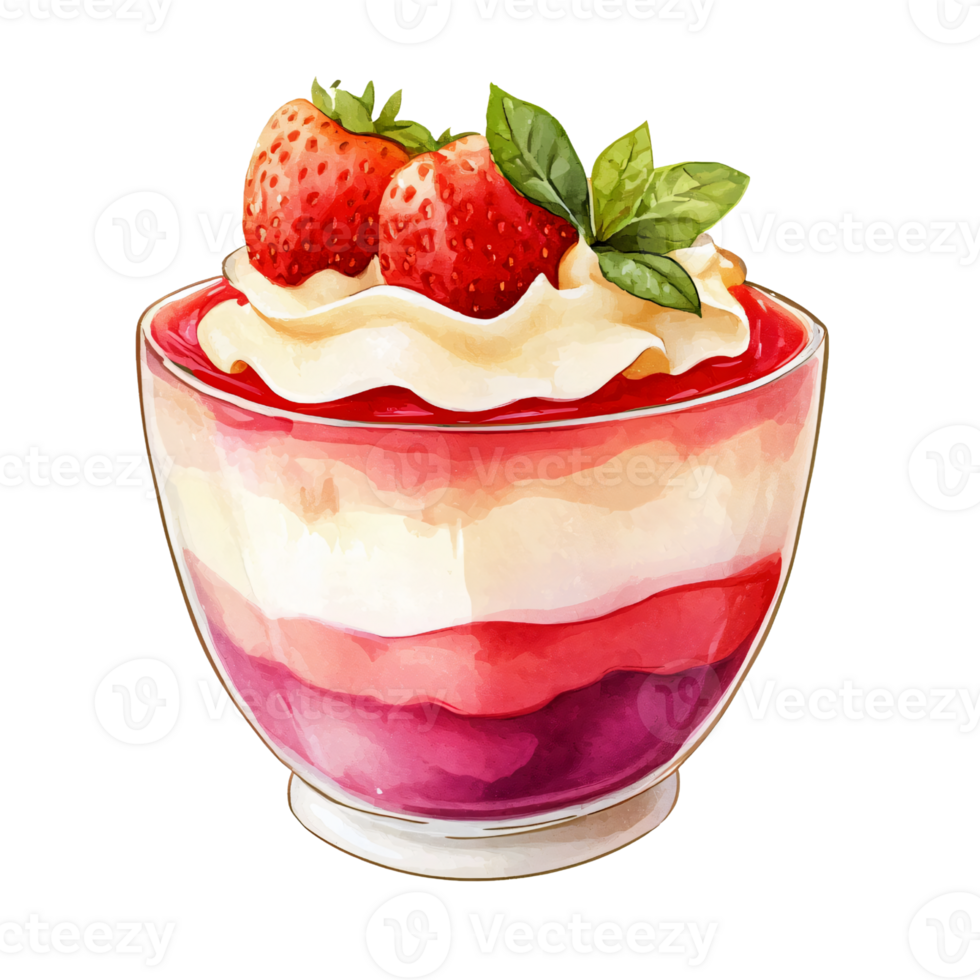 Watercolor illustration of strawberry parfait dessert glass bowl, topped with fresh strawberries and mint leaves, with layers of cream and fruit jelly, vibrant and appetizing, perfect for sweet png