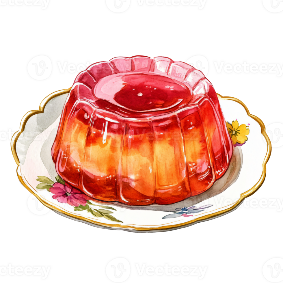 Colorful gelatin dessert with shiny, smooth surface sits on decorative floral plate, evoking sense of sweetness and elegance, perfect for festive or special occasions png
