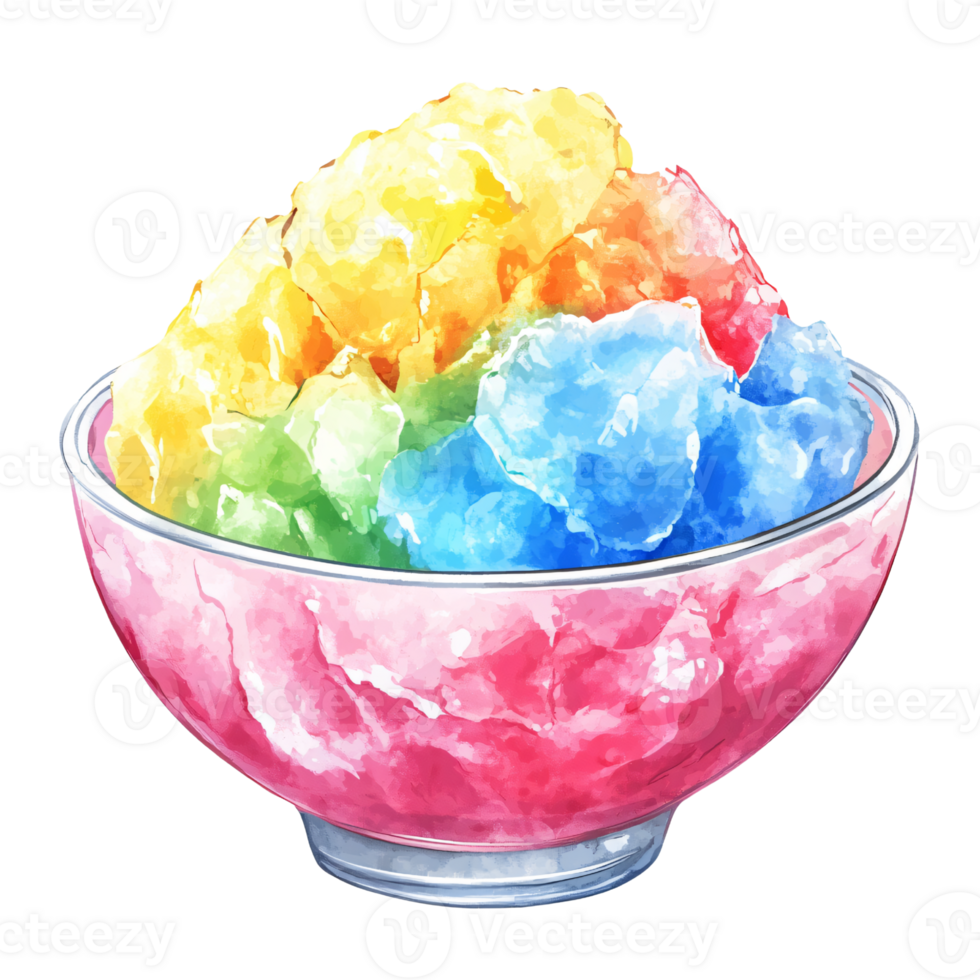 Colorful bowl of shaved ice with vibrant yellow, green, blue, red, and pink flavors, served in clear glass bowl, creating refreshing and visually appealing dessert png