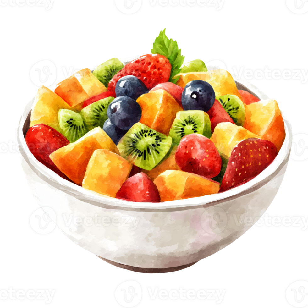 Fresh mixed fruit salad in white bowl featuring strawberries blueberries kiwi melon and pineapple creating colorful and healthy snack with vibrant juicy textures png