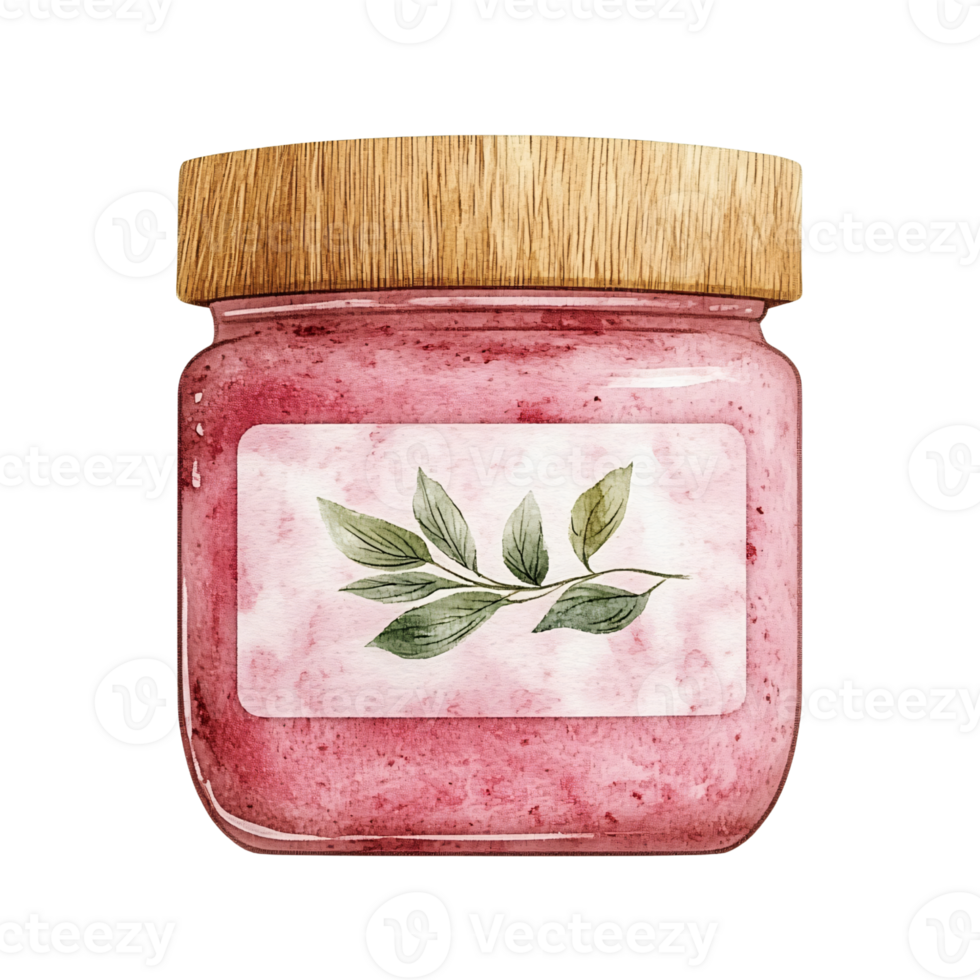 Pink watercolor style jar with wooden lid and botanical label featuring green leaves, designed for home fragrance or skincare products, exudes natural and calming aesthetic, perfect for cozy png