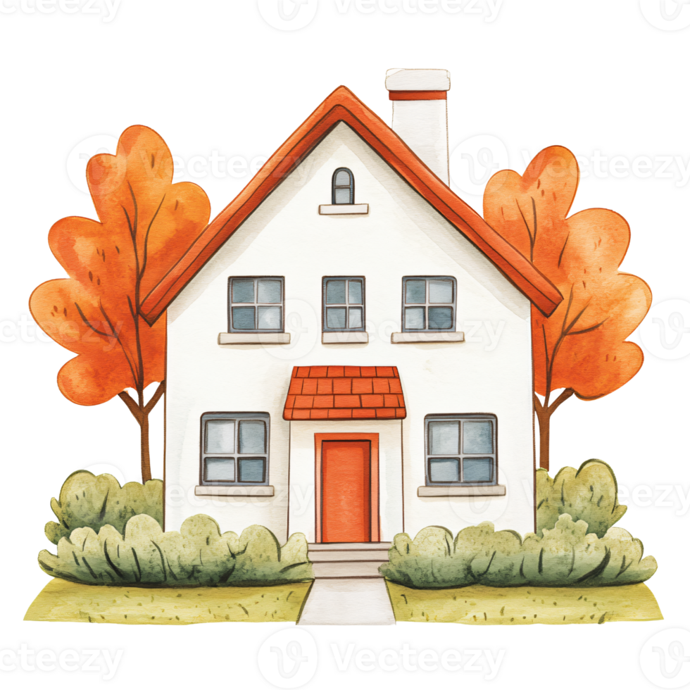 Charming house with white exterior, red roof, and multiple windows, surrounded by colorful autumn trees and lush bushes, creating cozy and inviting autumn scene png