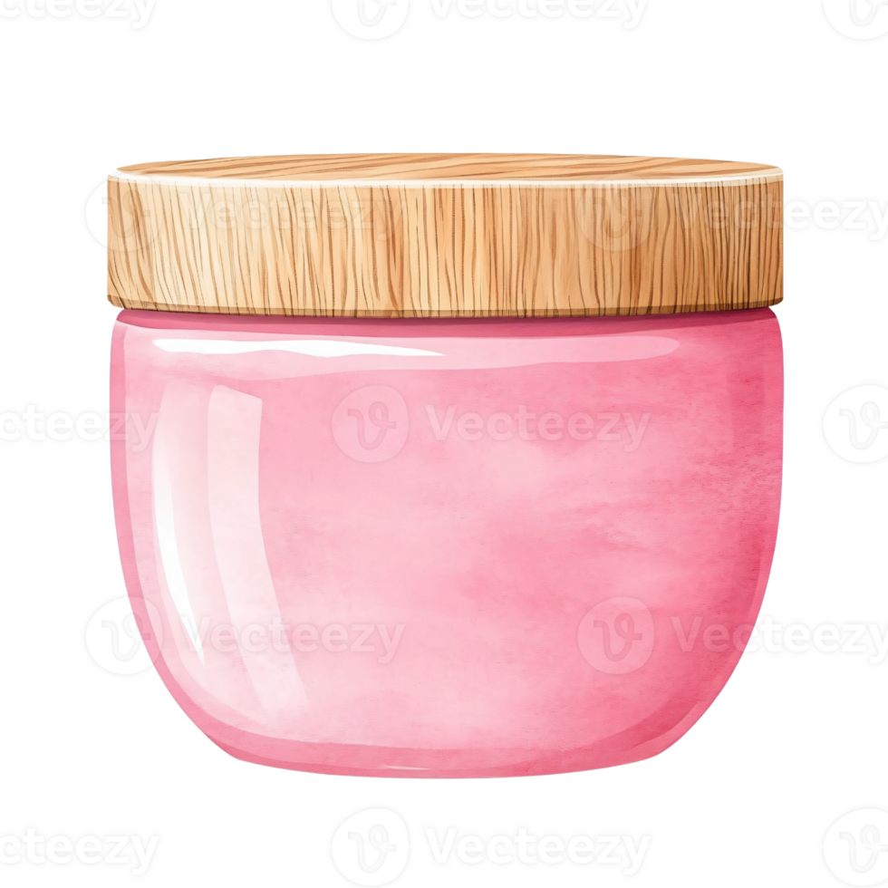 Pink ceramic jar with wooden lid, smooth glossy surface, and rounded shape, ideal for storing cosmetics or small items, with natural and modern aesthetic, bright and cheerful appearance png