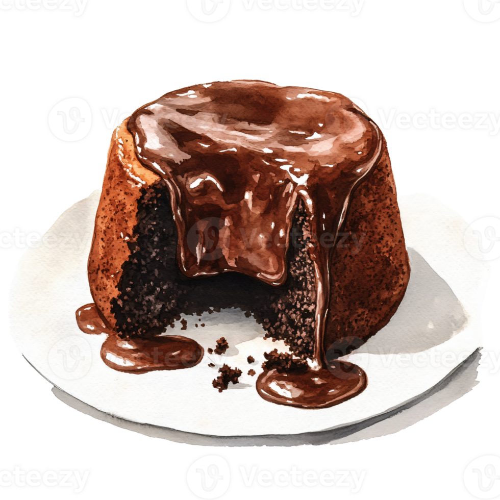Rich, moist chocolate cake with glossy chocolate glaze dripping down sides, served on white plate, evoking indulgence and sweetness, perfect for dessert or special occasions png