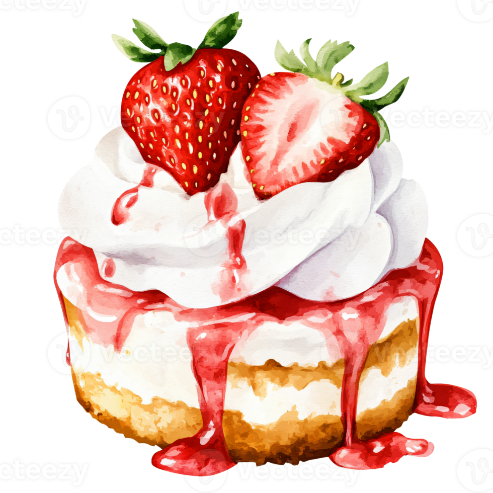 Delicious strawberry shortcake with whipped cream and fresh strawberries, topped with strawberry syrup, showcasing sweet and inviting dessert png
