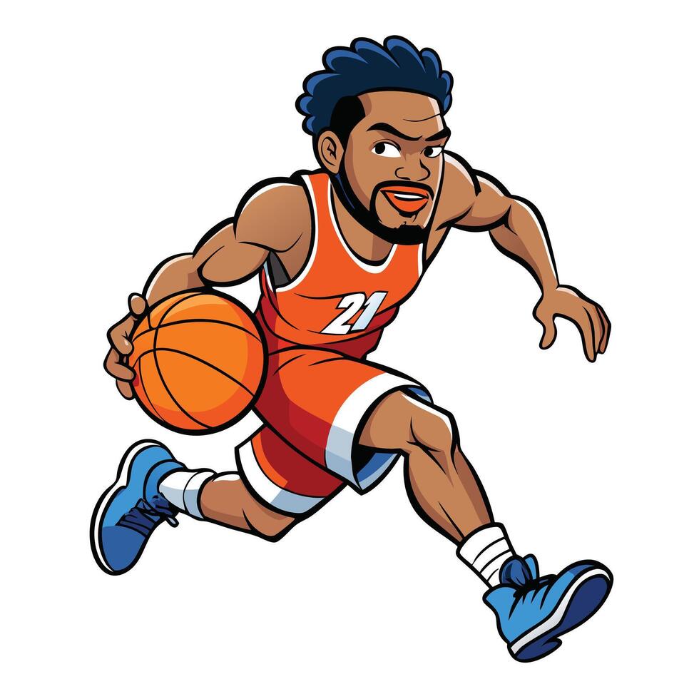 Focused African American player dribbles basketball wearing number twenty one sports uniform with confidence vector