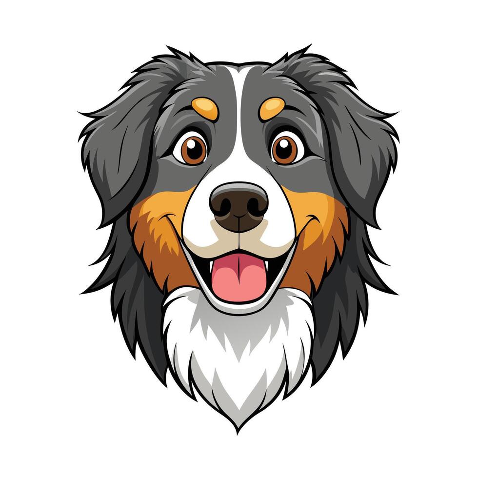 Cartoon Tricolor Australian Shepherd Dog Head with a Smiling Expression on a White Backdrop vector