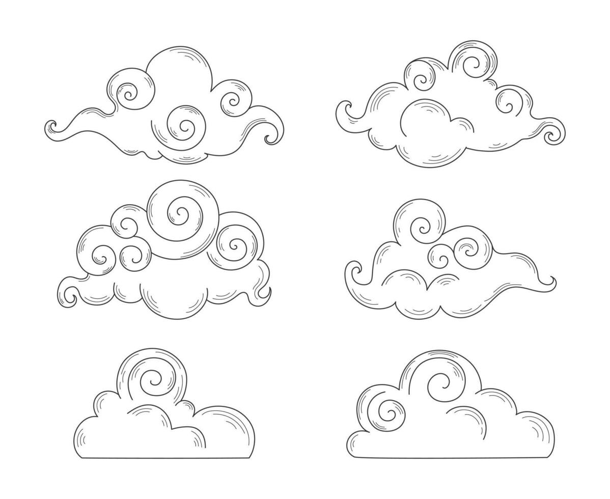 Hand drawn celestial doodle clouds in Asian style. Clouds outline. White cartoon swirl clouds vector