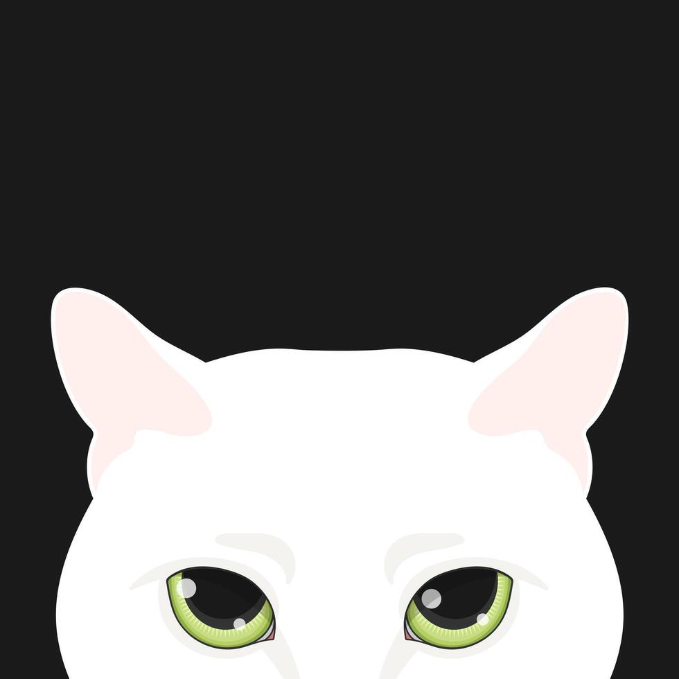 Peeking white Cat head on black background. Feline face. White cat with big green eyes vector