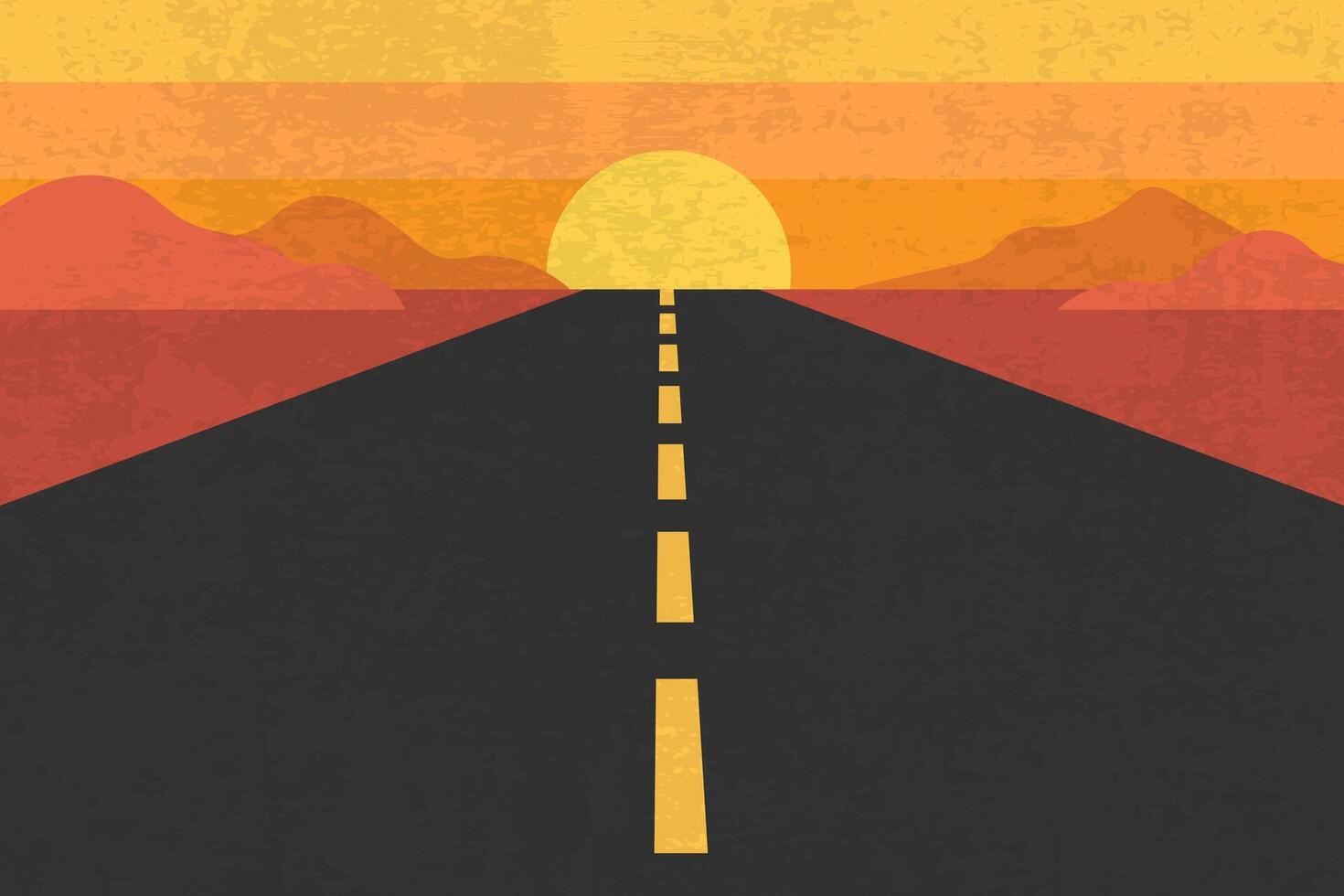 View on the desert road from. Desert road landscape scenery with sunset sky. Vintage design illustration in flat style vector