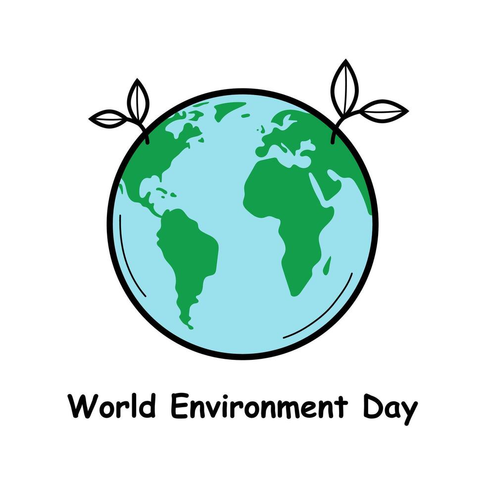 Greeting card with Earth planet with growing leaves. World Environment Day. Hand drawn doodle sketch style. illustration. vector