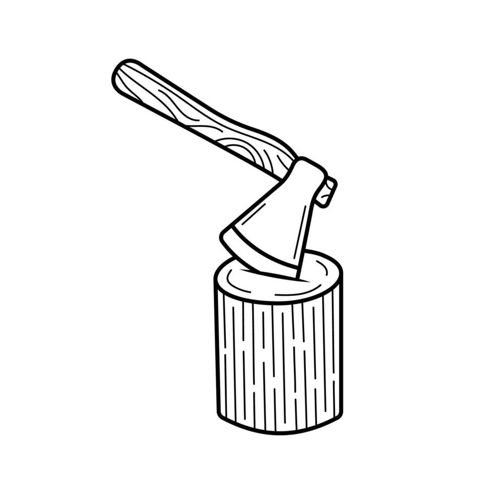 Stump with a stuck ax. Manual tool for chop wood. Hand drawn icon in sketch doodle style. Isolated illustration. vector