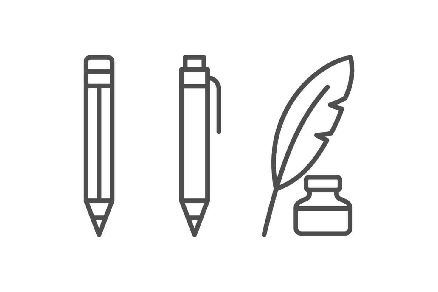 Quill feather and ink bottle, pencil and ballpoint pen outline set. Writing concept vector