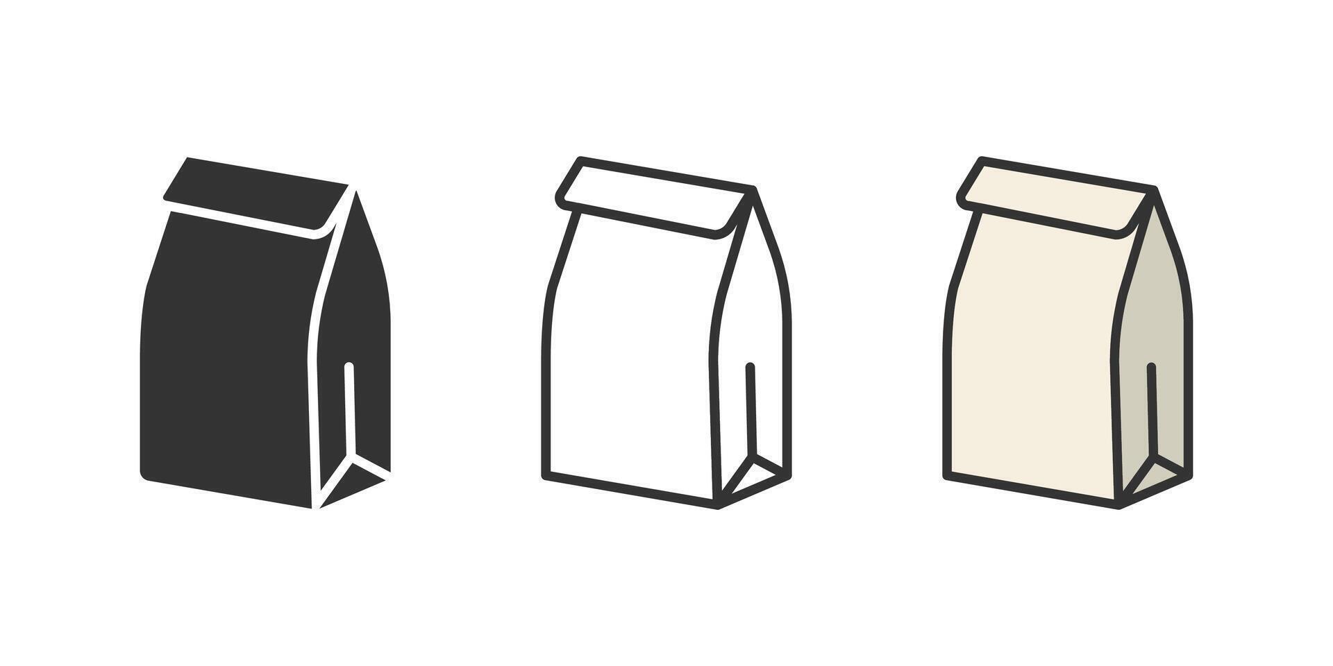 Lunch paper bag, grocery bag, takeaway food packaging with folded top, outline, flat and colored isolated on background vector