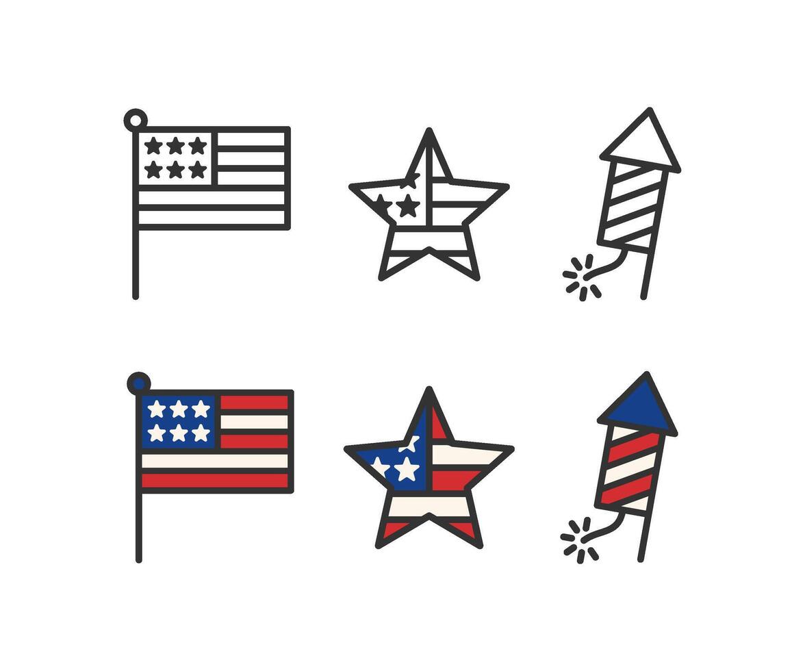 Independence Day icon set with USA flag, star and firework in outline and flat colored illustration isolated on white background, symbol of patriotism and traditions, 4th july, holiday vector