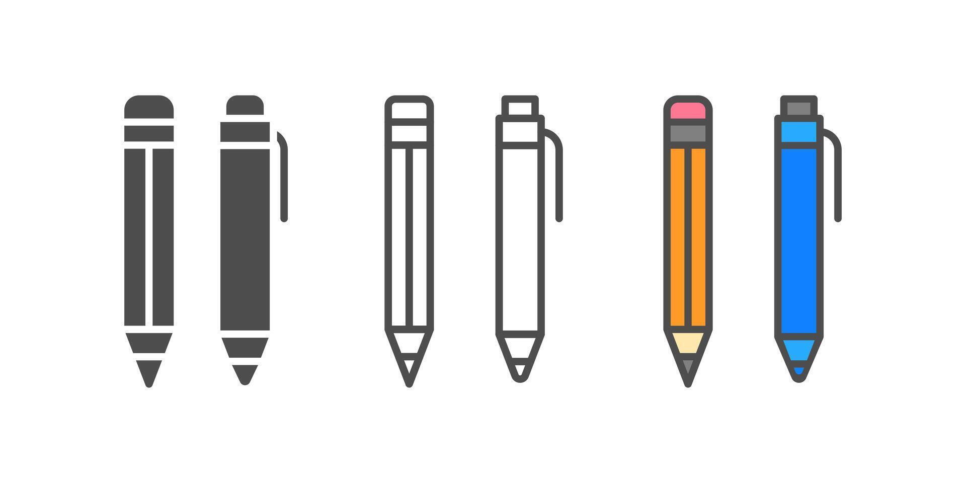 Pencil and pen. Office supplies, study, writing symbol. Outline flat and colored vector