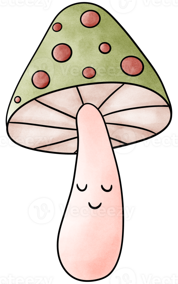 A fun green mushroom cartoon with red dots. A colorful and unusual poisonous mushroom illustration. Perfect for fantasy themes, children's books, game design, stickers, and nature-inspired graphics. png